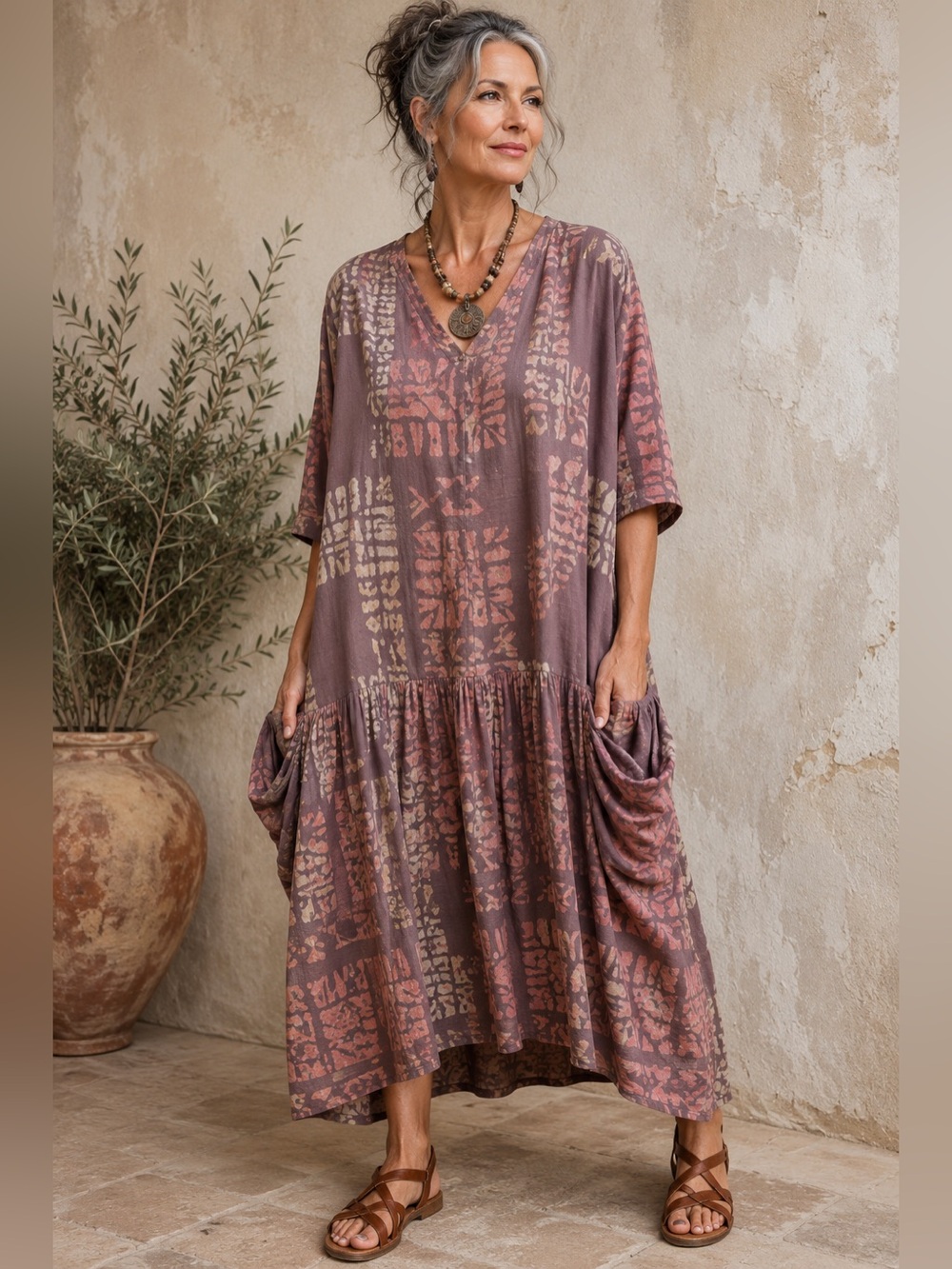 Kusnadi Vintage Rayon Batik Art to Wear Pockets Boho Drop Waist Lagenlook PTP 26